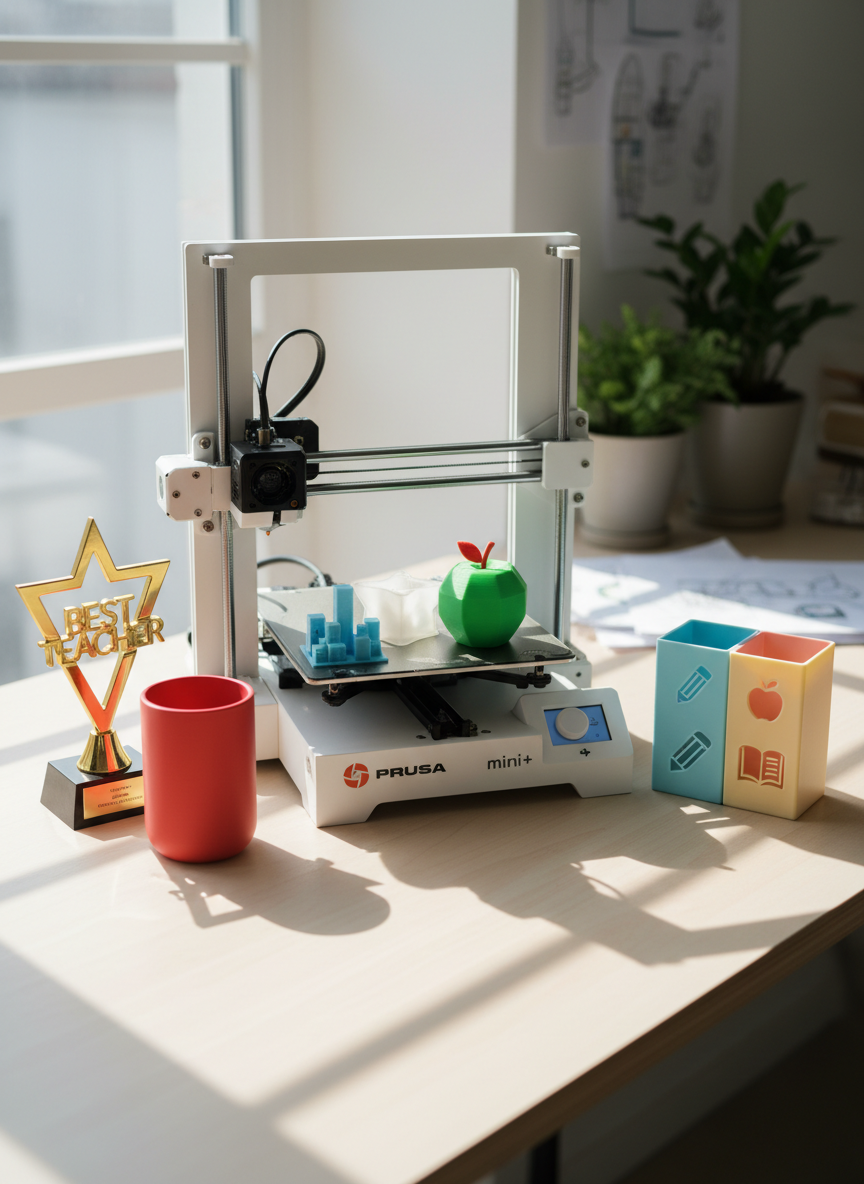 A close-up, photographic view of a compact white 3D printer on a clean, light-colored desk, actively printing a small collection of playful decor objects on its build plate: a miniature city skyline, a star-shaped tealight holder, and a stylized apple-shaped desk ornament symbolizing a teacher gift. Around the printer rest finished pieces: a shiny gold-effect award-style trophy, an apple-red pen holder, and a pastel pencil organizer with icon-shaped cutouts instead of text. Soft, diffused daylight enters from a nearby window, casting gentle shadows and a calm, modern atmosphere. Shot at a slightly elevated angle with clear focus on the print in progress, background subtly blurred, conveying a professional yet playful 3D printing workspace ready for custom orders.