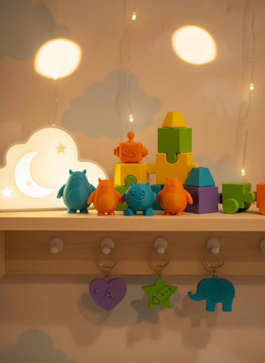 A playful children’s room shelf styled with 3D printed decorations and toys from Rinascita in 3D. On the wooden shelf sit brightly colored, matte-finish character figurines, puzzle-piece decor blocks that interlock, a whimsical moon-and-stars night light casing, and a train of interlinked name blocks implied through shapes rather than letters. Hanging from small hooks are personalized icon keychains shaped like hearts, stars, and animals. Soft, warm ambient lighting and a string of out-of-focus fairy lights in the background create a dreamy bokeh effect. Shot at child-eye level with a shallow depth of field that keeps the central toys crisp while softly blurring the backdrop. The photographic style feels joyful and imaginative, emphasizing safe, fun, custom 3D printed decorations perfect as unique gifts.