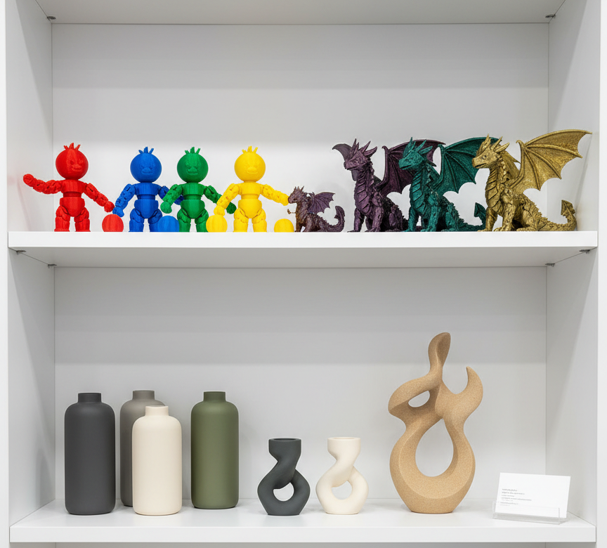 A neatly arranged portfolio-style display on a white shelving unit, showcasing completed 3D printed works for gifts and home decor.