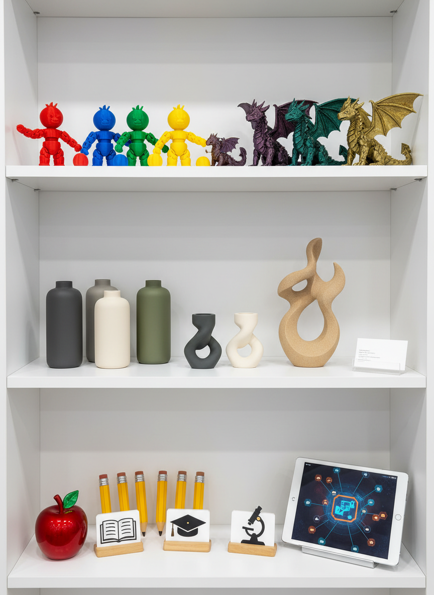 A neatly arranged portfolio-style display on a white shelving unit, showcasing completed 3D printed works for gifts and home decor. On one shelf, colorful articulated toys and small fantasy creatures with intricate scales; on another, elegant matte-finish vases, candle holders, and abstract sculptures. A dedicated section features teacher gifts: apple-shaped desk decor, pencil-shaped bookmarks, and charming desk name plaques represented by symbols instead of text. A minimalist business card stand holds a blank card symbolizing contact information, placed near a small tablet with an abstract interface suggesting easy online ordering. Bright, even studio lighting highlights the textures and details, with a clean, photographic realism. Shot straight on with sharp focus, the mood is organized, playful, and professional, clearly presenting a varied portfolio of 3D printed creations.