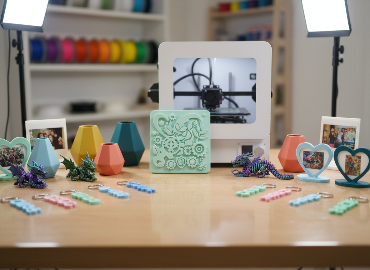 A bright wooden worktable covered with colorful 3D printed gift items: glossy pastel keychains with names in playful fonts, smooth geometric vases, tiny articulated dragons, and heart-shaped photo stands. In the center, a compact white 3D printer with a transparent door displays a print in progress: a custom “Rinascita in 3D” style decorative plaque, shown without readable text but clearly personalized through varied shapes and icons. Soft studio lighting from above and the side creates gentle reflections on the plastic surfaces. The background is a lightly blurred home studio with neatly stacked filament spools in rainbow colors. Photographic realism at eye level, cheerful and inviting mood, with a shallow depth of field that keeps the focus on the variety of personalized creations.