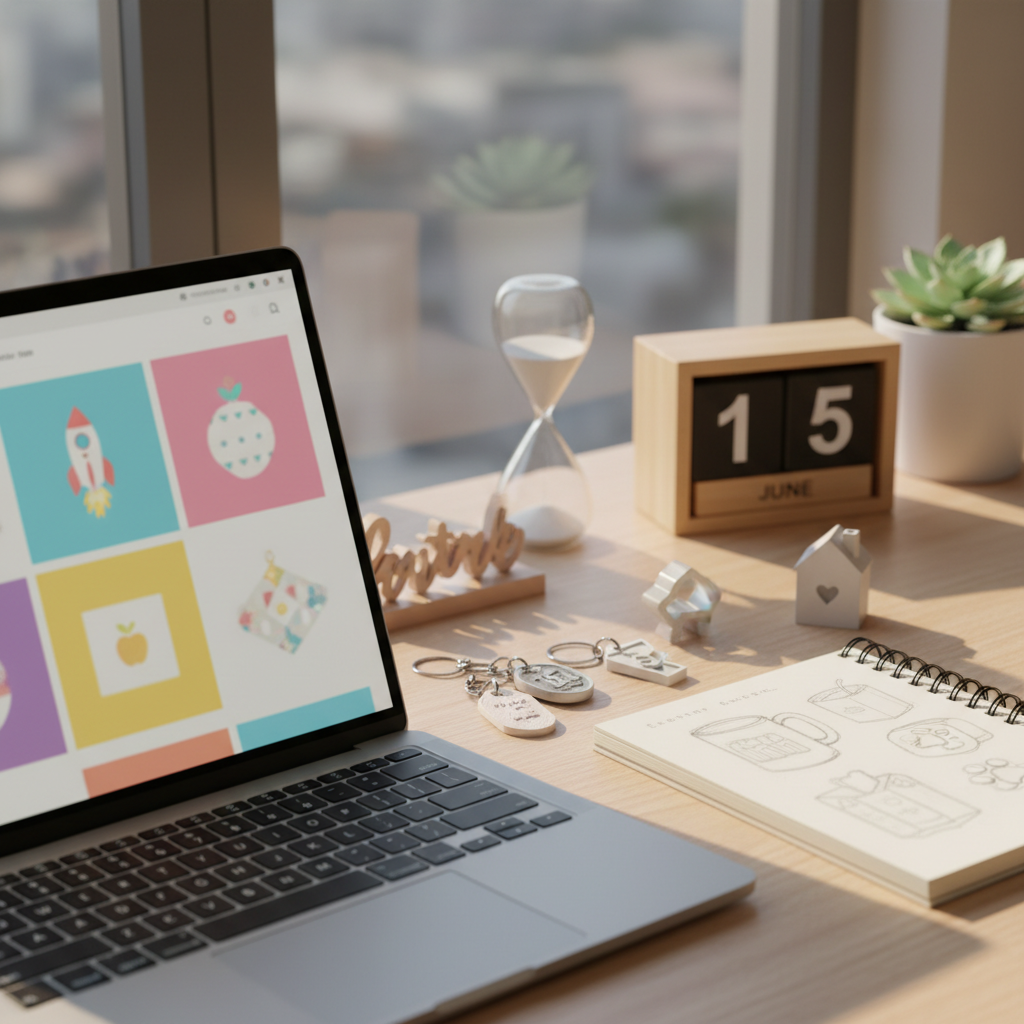 A cozy desktop scene illustrating the order process for personalized 3D printed gifts. In the foreground, a sleek laptop displaying a blurred, text-free website layout with colorful product tiles showing toys, decorations, and teacher gifts. Beside it lies a sketchbook with simple doodles of customized objects and a small group of sample 3D prints: keychains, a decorative nameplate suggested by abstract shapes, and a tiny house-shaped ornament. A calendar block and a slim hourglass subtly represent order timelines. Warm afternoon light from a side window creates soft highlights and mild shadows, giving a friendly, reassuring atmosphere. Photographic realism with a slightly elevated angle and moderate depth of field keeps all elements readable, communicating that ordering, customization, and delivery timelines are clear and simple.
