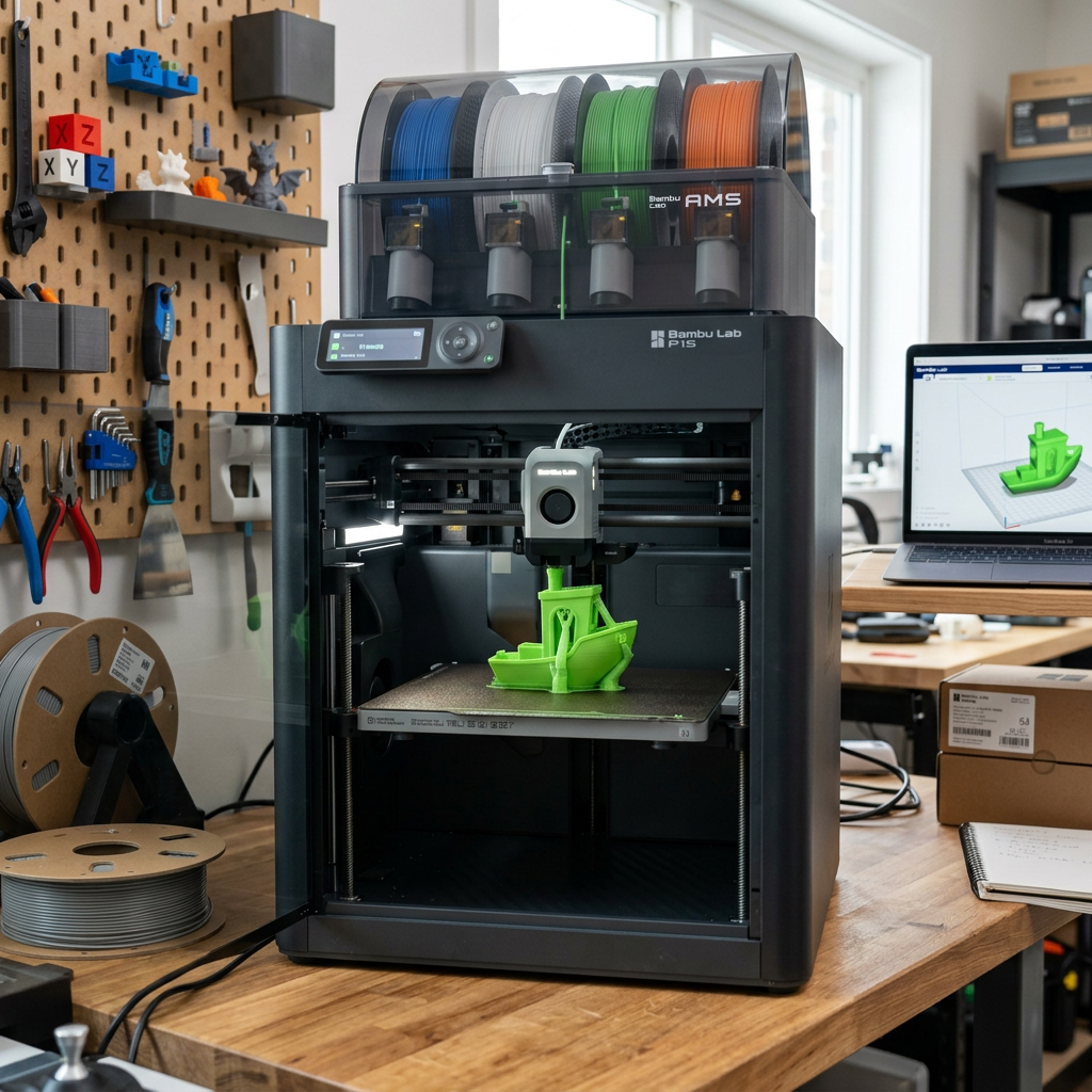 Bambu Lab P1S 3D printer printing green boat model on wooden workbench